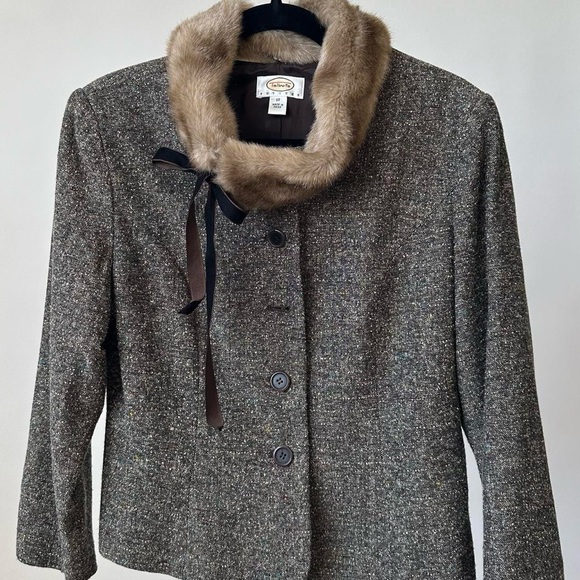 Vintage Sophisticated Brown Tweed Blazer Jacket  Faux Fur Trimmed Collar-12 P - Picture 9 of 9